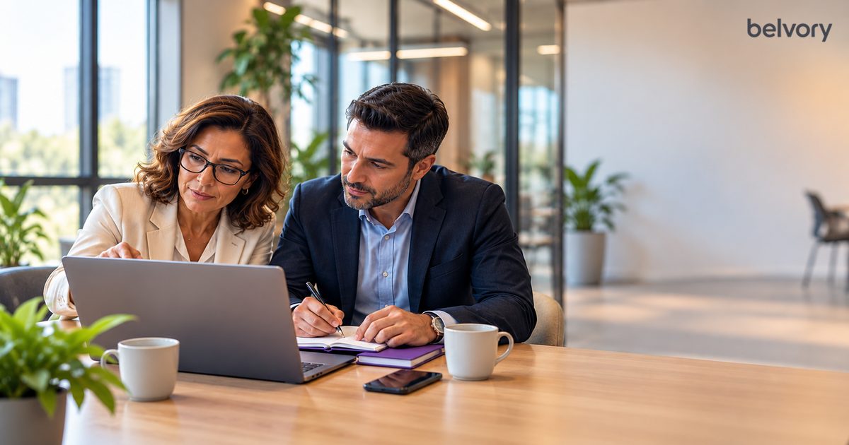 Dois gestores analisam dados em um notebook em um escritório corporativo