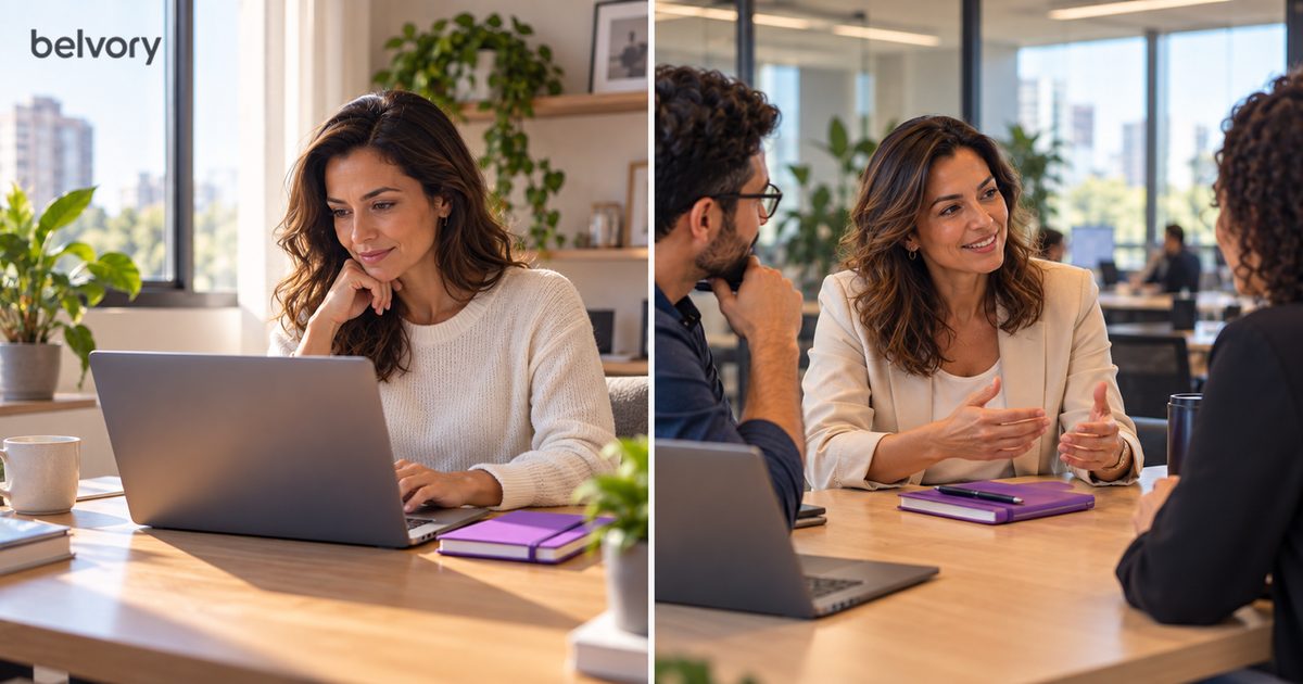 Profissional trabalha em casa no notebook ao lado de uma reunião presencial no escritório, representando o modelo híbrido